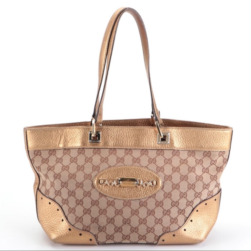 GUCCI Punch Tote in GG Canvas with Metallic Leather Trim! Great Condition! 👜